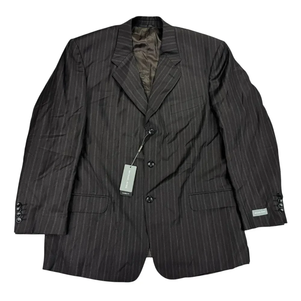 Michael Kors Mens Classic Fit Wool Blend Striped Suit Jacket Brown Blue 46R